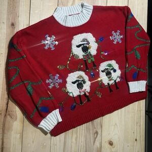 Celebrate Together Ugly Christmas Sweater w/Lights & Sheep Sz XL Holiday Festive